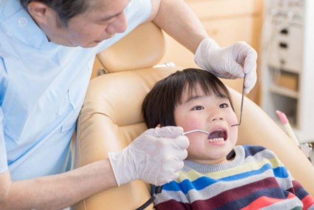 子供の歯を確認する歯科医師